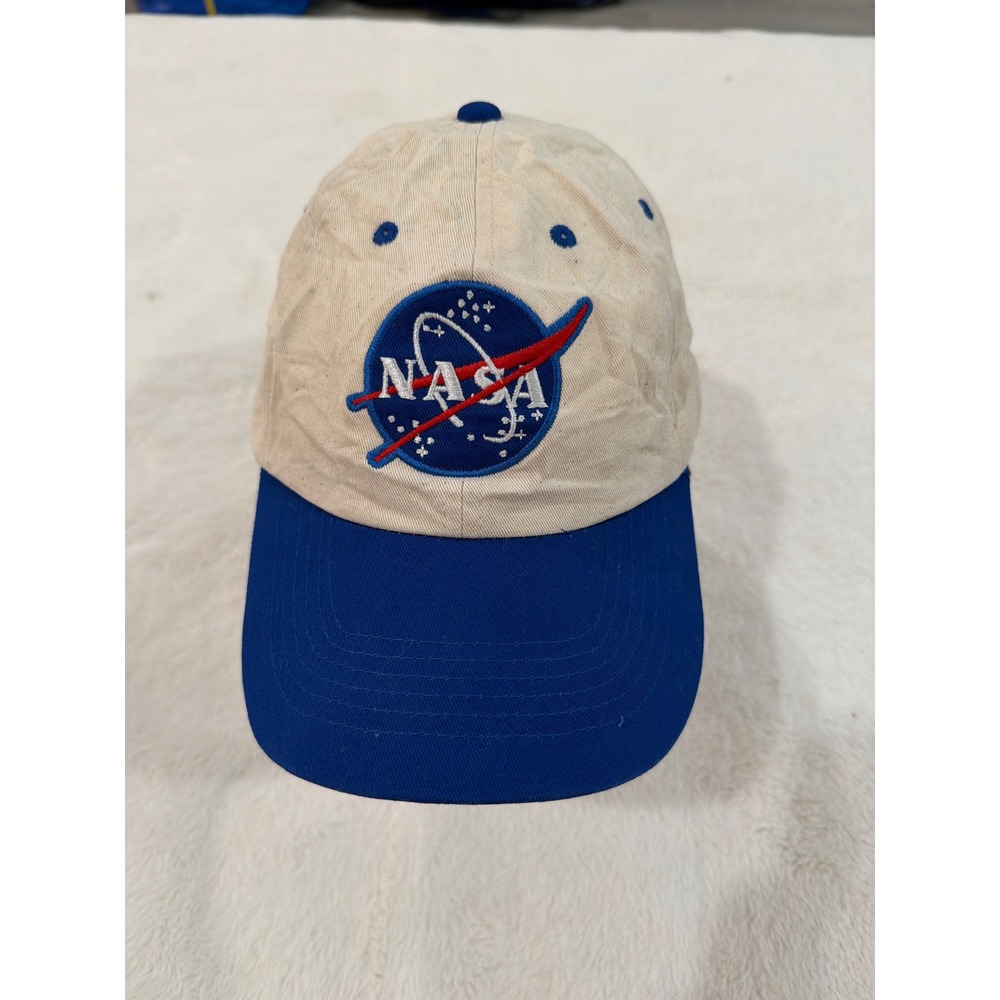 NASA Meatball Logo Baseball Cap Hat Two Tone Cream Blue Adjustable Space Gear